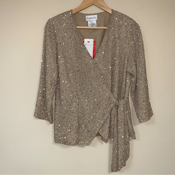 NWT Vintage Champagne Sequin Wrap Women’s 8 Cardigan Jacket Cover Sweater Party - Picture 1 of 10